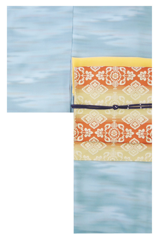 小紋と京袋帯　水色着物 オレンジ帯
