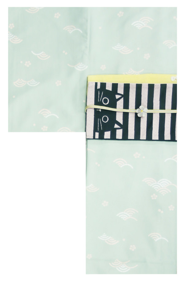 小紋と京袋帯　エメラルドグリーン