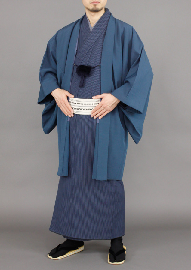 男性着物・青色羽織 白帯 | 京都 着物 レンタル｜和凛