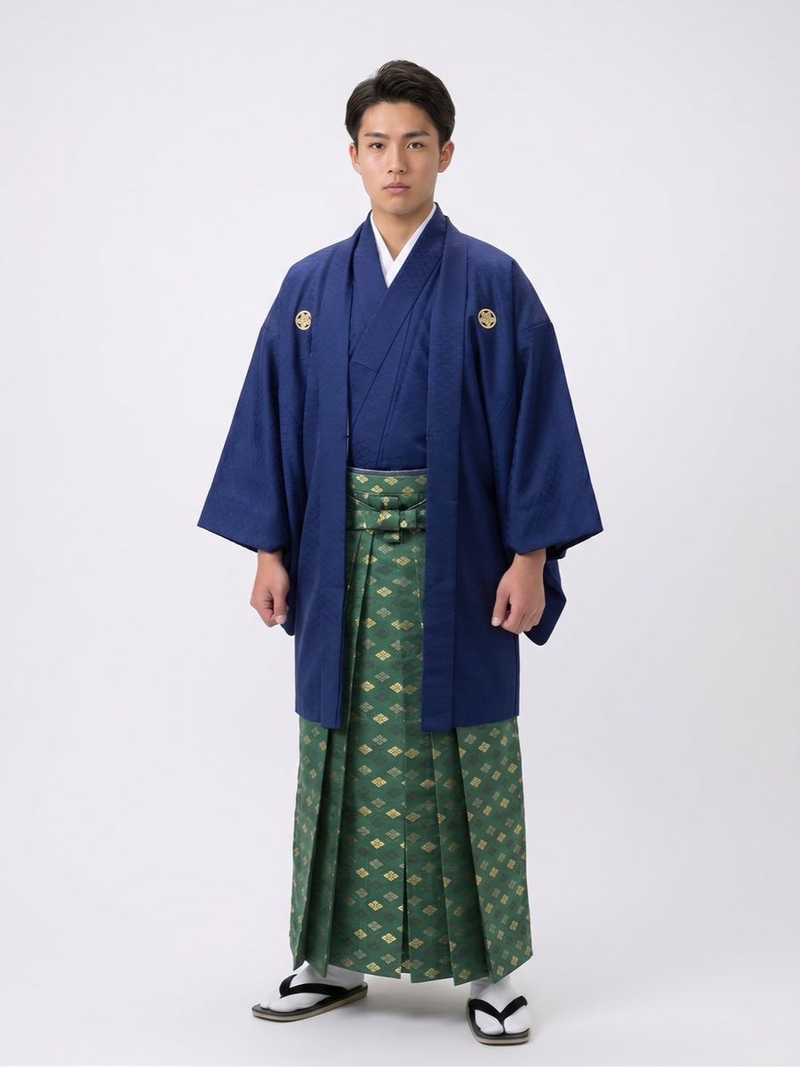 紺の羽織と緑地紋柄の袴